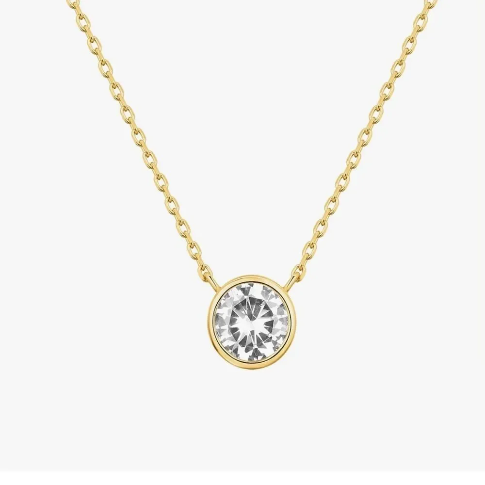 NEW 14K Gold Plated Circle CZ Solitaire Necklace